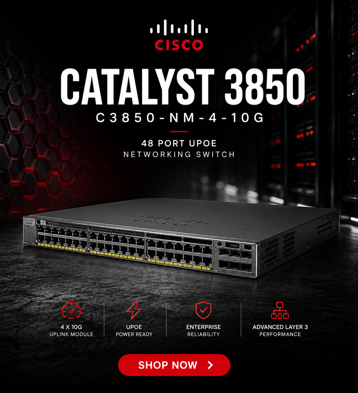 Cisco C3850-NM-4-10G Catalyst 3850 48 Port uPOE Networking Switch